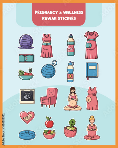 Adorable kawaii pregnancy and wellness stickers featuring vitamins, yoga, journals, and cozy care items in pastel vector style.