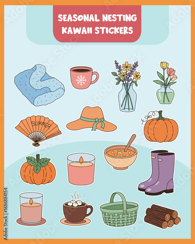 Kawaii seasonal nesting stickers with cozy winter, spring, summer, and autumn items in pastel colors, perfect for planners and decor.