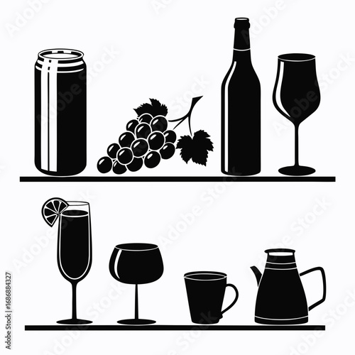 Beverage containers and fruit on shelves grapes bottle