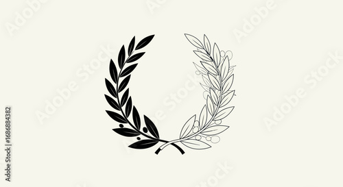 Elegant Laurel Wreath with Silhouette and Line Art Style.