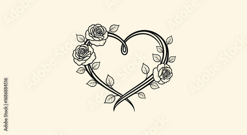 Hand drawn heart shaped frame with blooming roses and leaves.