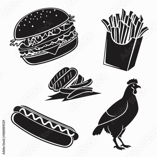 Black and white fast food icons burger hot dog