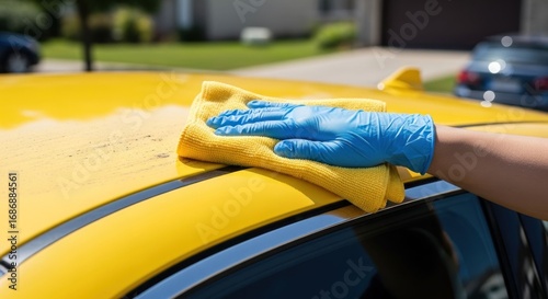 Yellow car top being wiped clean