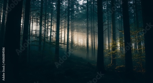 Fototapeta Naklejka Na Ścianę i Meble -  Sunlight streams through a dark, misty forest