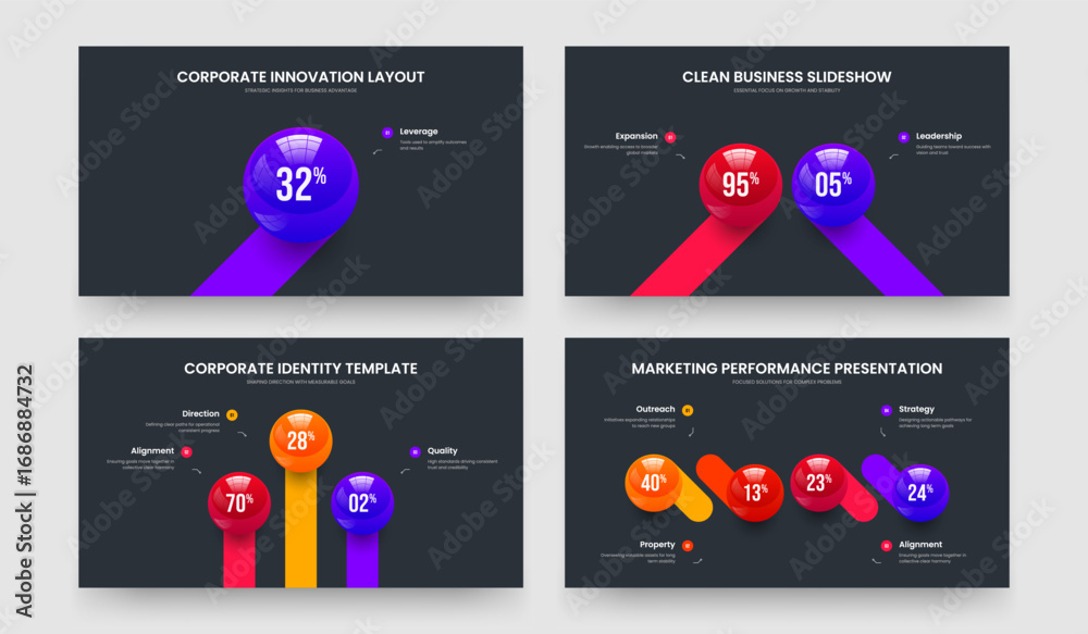 Naklejka premium Colorful Analysis 1 2 3 4 Option Infographic Slideshow Template Bundle. Financial Launch One Two Three Four Element Diagram Frame Layout Vector Illustration Set.