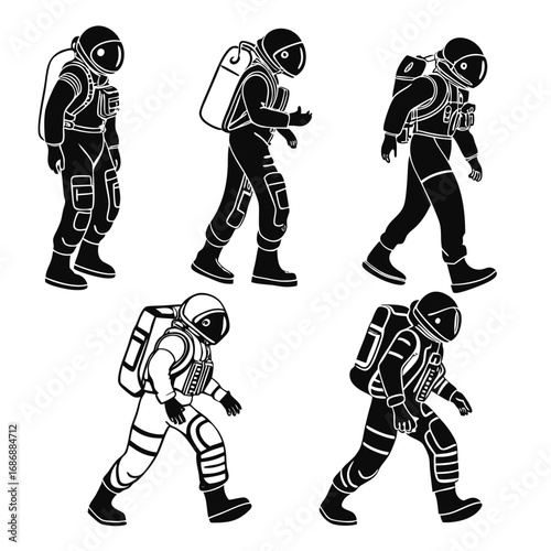 Black astronaut silhouettes in motion space suit white
