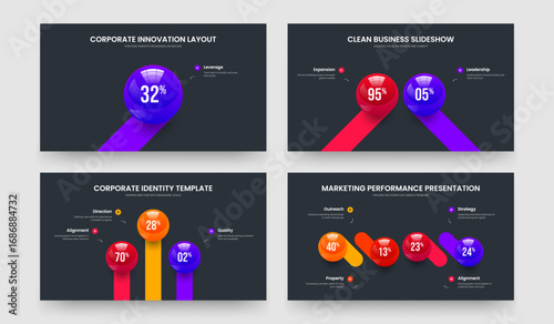 Colorful Analysis 1 2 3 4 Option Infographic Slideshow Template Bundle. Financial Launch One Two Three Four Element Diagram Frame Layout Vector Illustration Set.