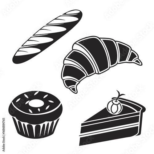 Black bakery assortment silhouettes baguette croissant