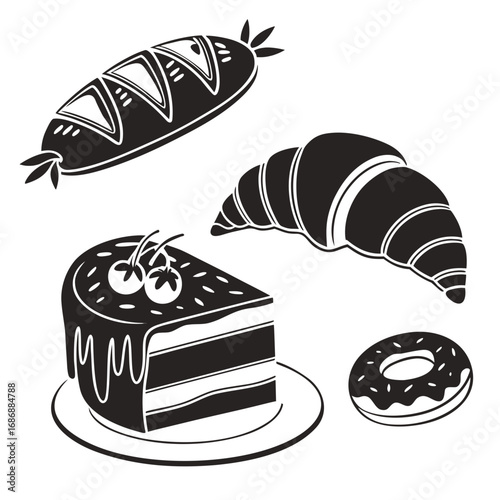 Black bakery items on white background bread baguette