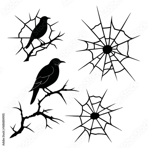 Black birds on thorny branches and spiderwebs silhouettes