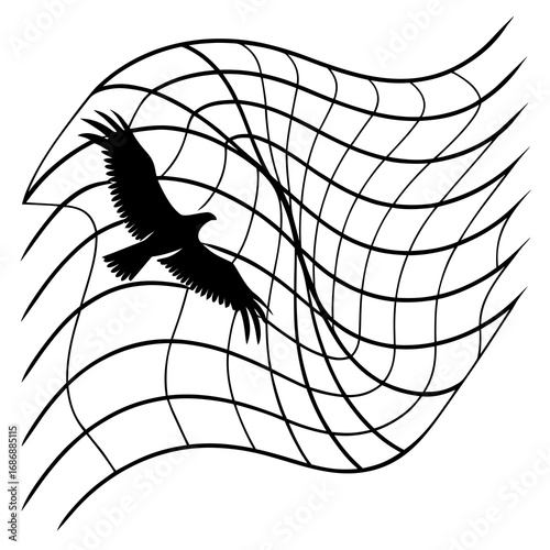 Black eagle soaring through warped grid bird silhouette