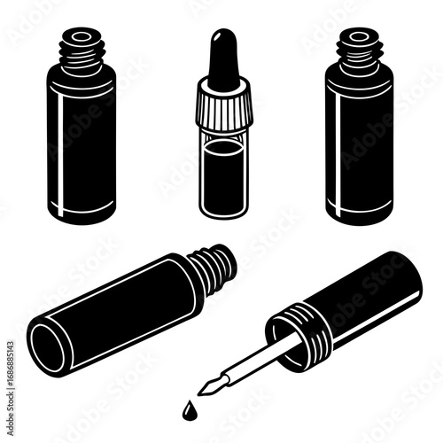 Black essential oil bottle and roller silhouettes dropper