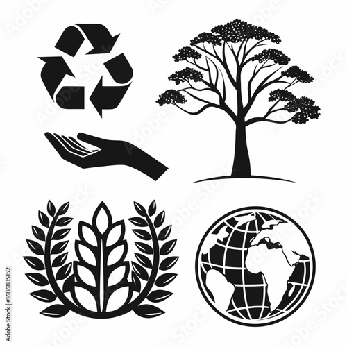 Black eco conservation icons recycle symbol tree