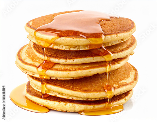 pancakes stacked maple syrup dripping isolated on white background