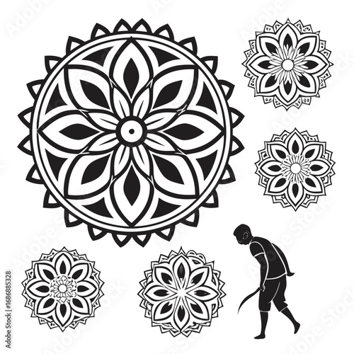 Black floral mandalas and person with scythe symmetrical
