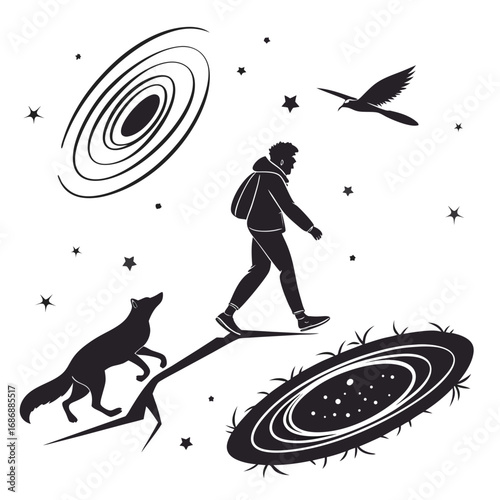 Black hole and wormhole concept with figures galaxy