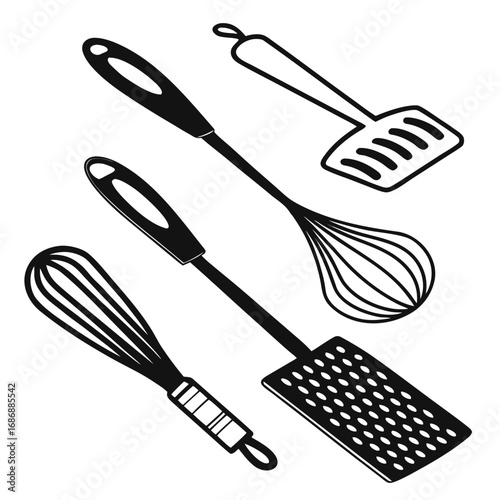 Black kitchen utensil outlines whisk spatula