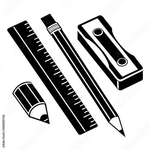 Black school stationery objects isolated on white pencil