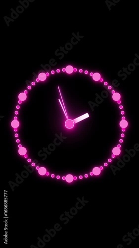 Animated neon clock with bright pink glow and moving hands on black background. Vertical video showing futuristic glowing clock for tech and time concepts.