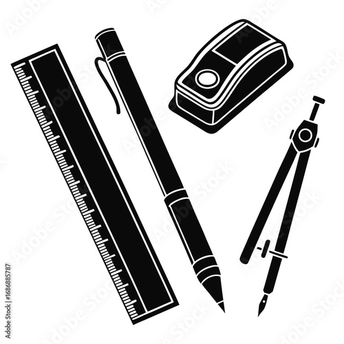Black school stationery set silhouette ruler pencil
