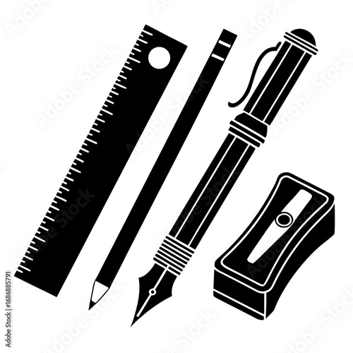 Black school stationery objects ruler pencil