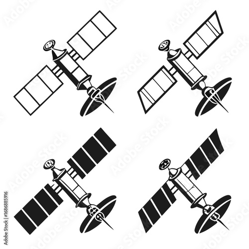 Black silhouette satellites orbiting space technology