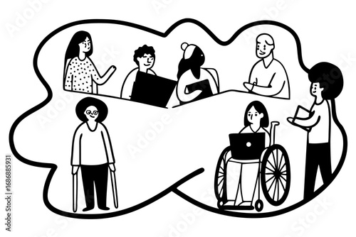 Vector hand drawn doodle sketch of diversity and inclusion in the workplace isolated on white background