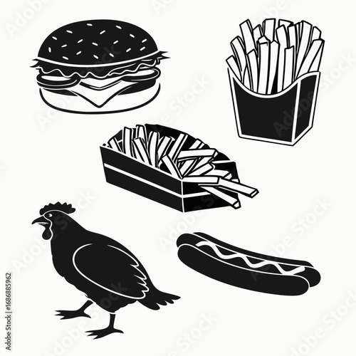 Black silhouettes of burger fries chicken hotdog hamburger
