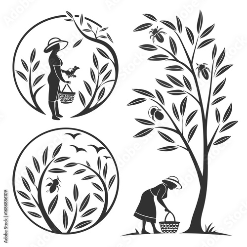 Black silhouettes of people and nature scenes tree