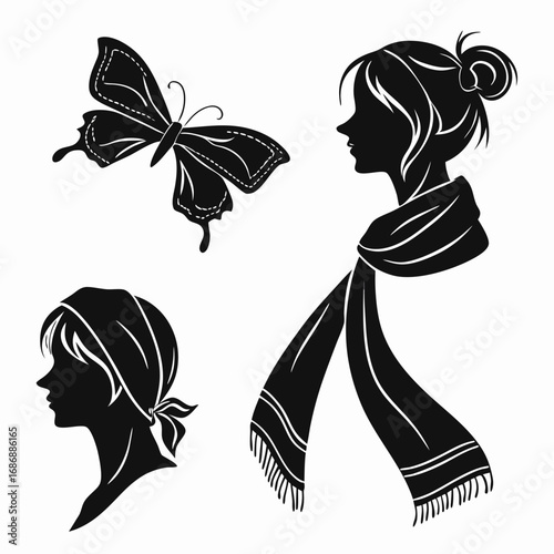 Black silhouettes of women and butterfly woman profile