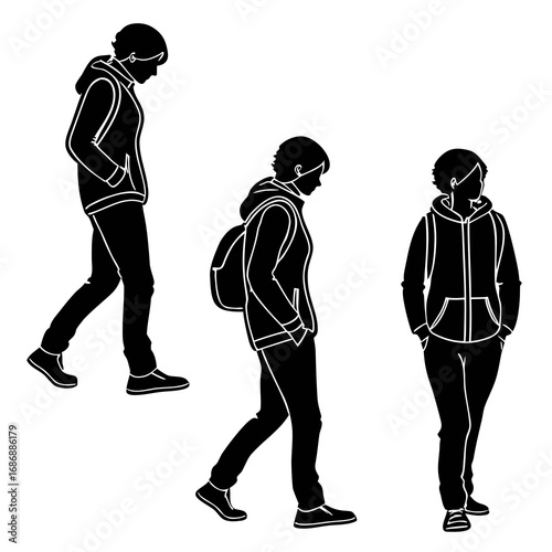 Black silhouettes people wearing hooded jackets walking
