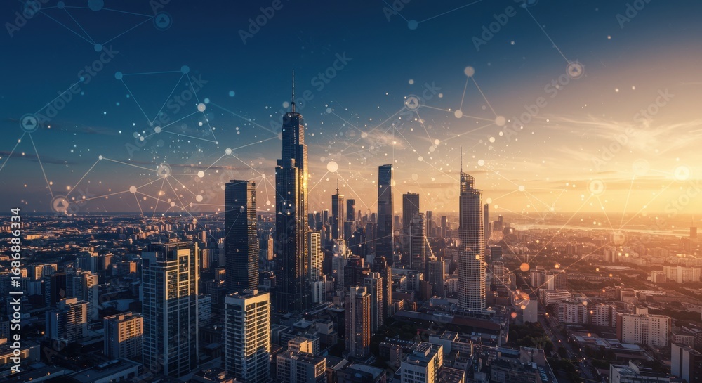 Obraz premium Digital network communication connection world city 5G