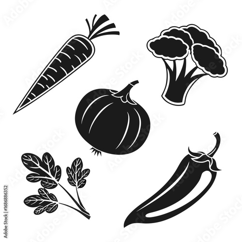 Black vegetable icons carrot onion broccoli chili parsley