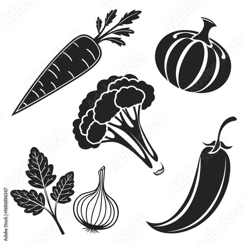 Black vegetable silhouettes carrot broccoli pumpkin chili onion parsley