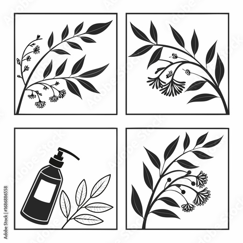 Botanical elements and dispenser bottle leaves flowers