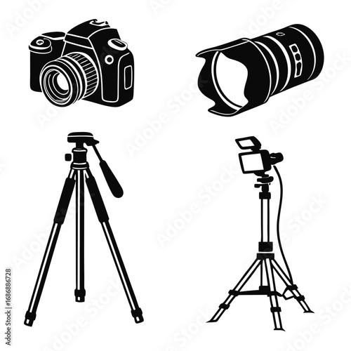 Camera equipment silhouettes lens tripod