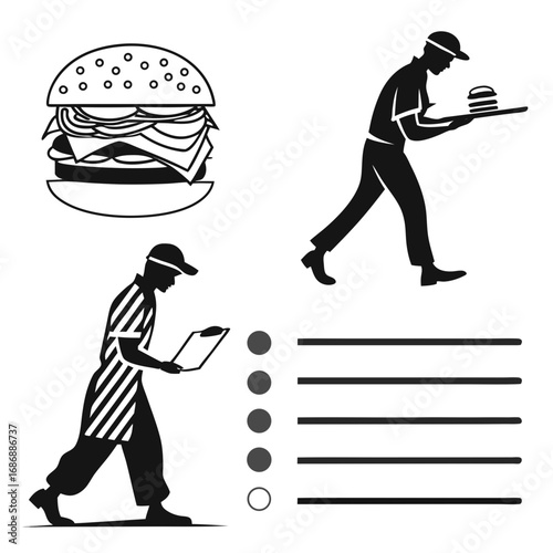 Burger server and checker icons hamburger food