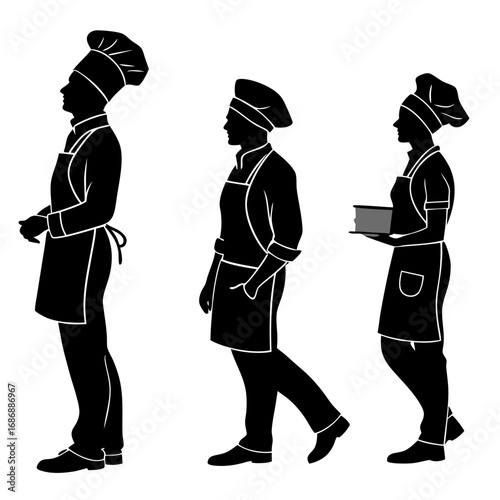 Chef silhouettes with hats and aprons cooking culinary