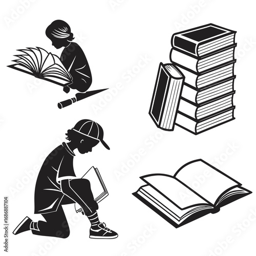 Children reading books and stacked books open book