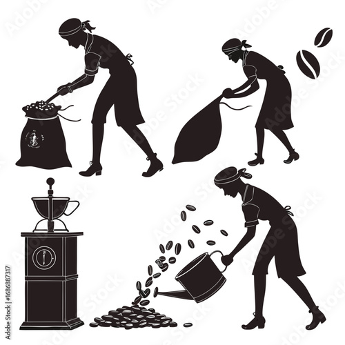 Coffee bean processing silhouettes coffee beans scoop