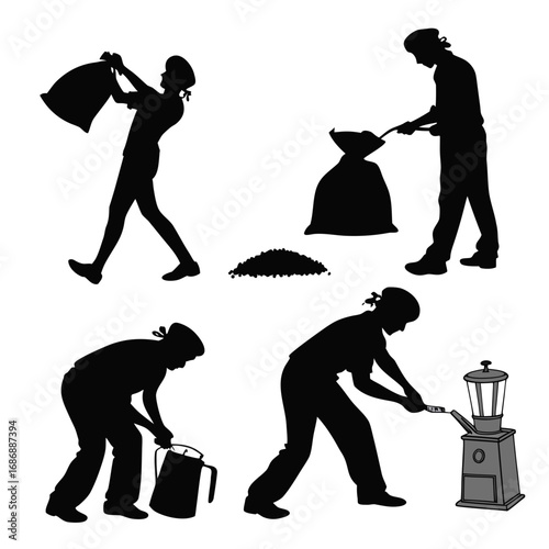 Coffee packaging process silhouettes black
