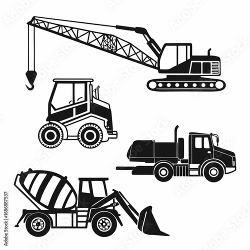 Construction vehicles crane loader mixer truck vector
