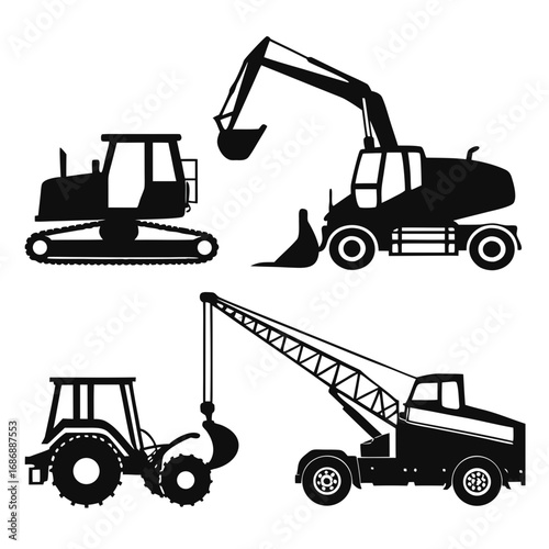 Construction vehicles silhouettes bulldozer excavator crane tractor