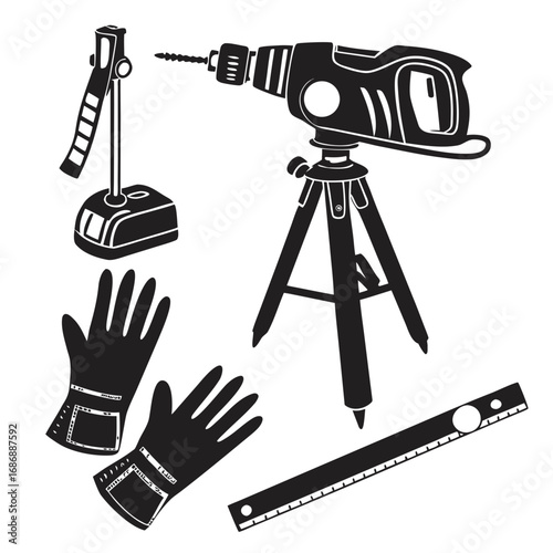 Contractor tools drill gloves level tripod construction