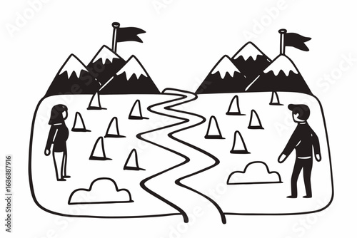Vector hand drawn doodle sketch of navigating business challenges isolated on white background