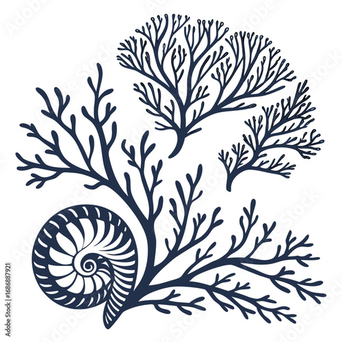 Dark blue coral and shell silhouettes seashell nautilus
