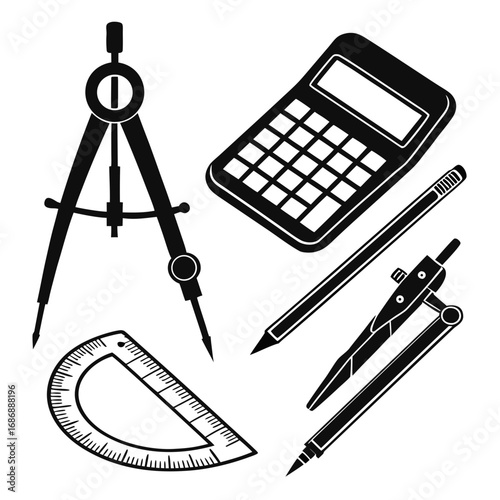 Drafting tools and calculator black silhouettes drafting compass