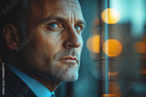 Thoughtful businessman in a modern office looks through the window, reflecting on business matters or planning future actions with a clear vision, Generative AI