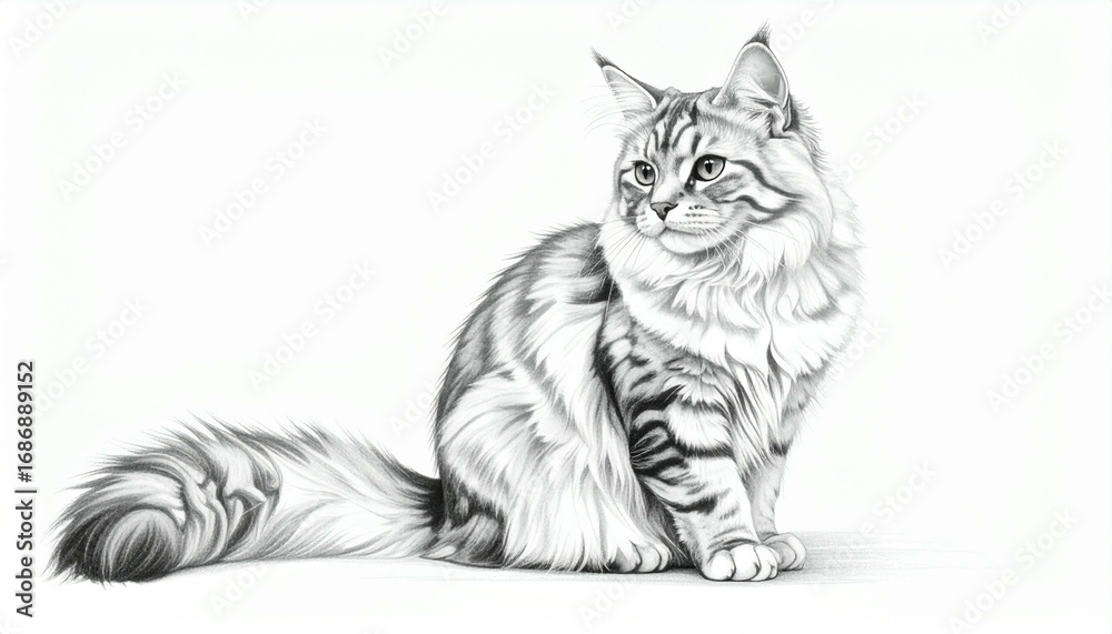 Obraz premium A majestic Maine Coon cat, elegantly posed, depicted in a detailed pencil sketch.