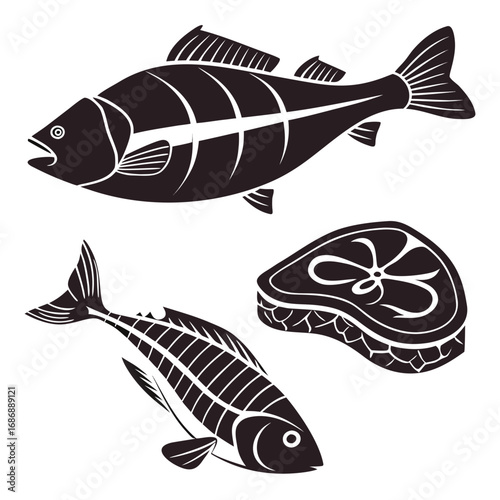 Fish and meat silhouettes steak black and white